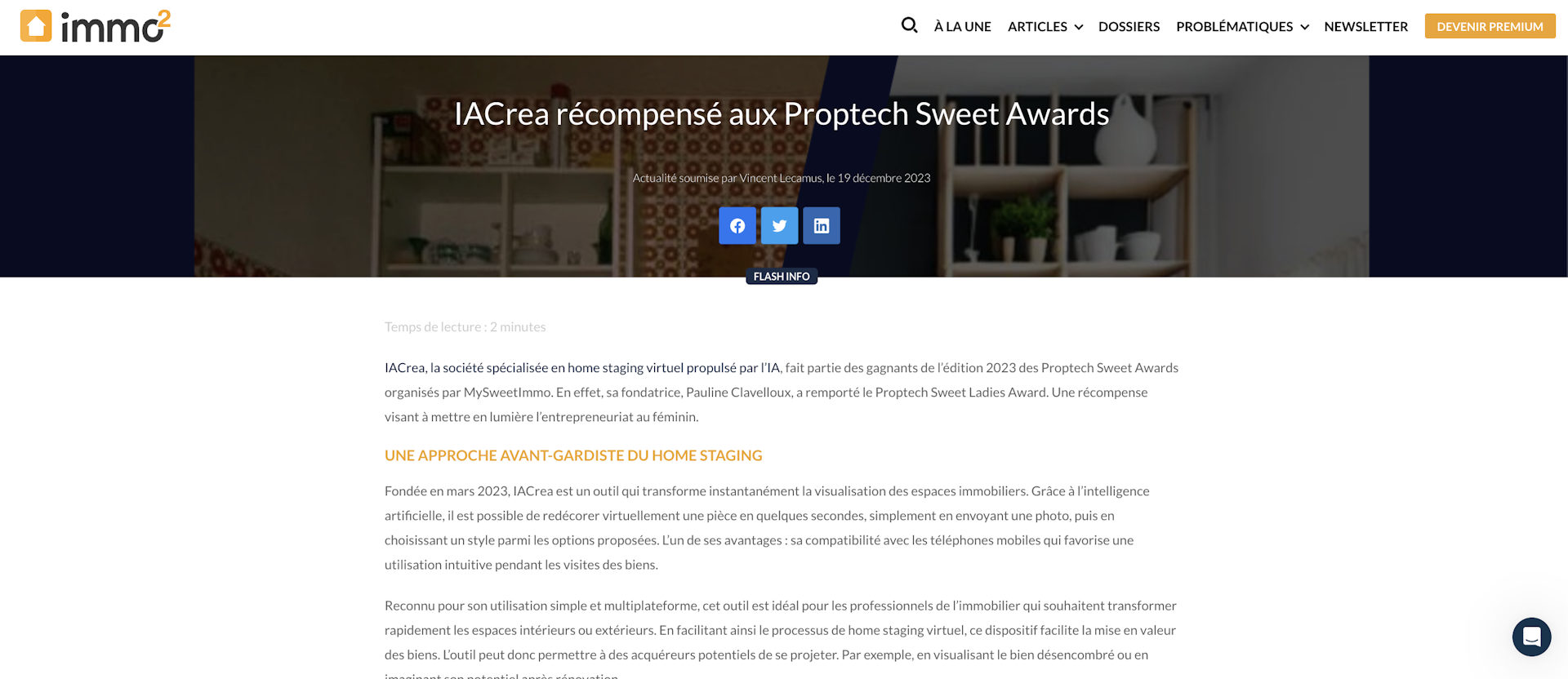 IACrea récompensé aux Proptech Sweet Awards - Article de Immo2